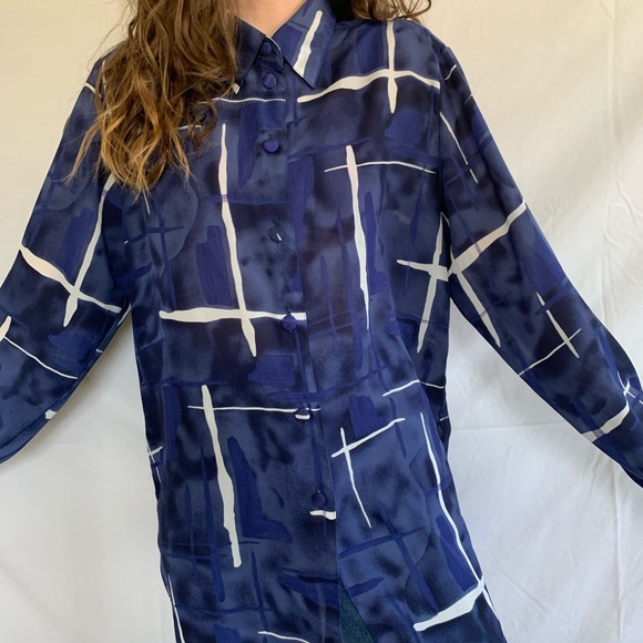 Vintage 80s Blue White Abstract Semi-Sheer Blouse - Picture 2 of 6